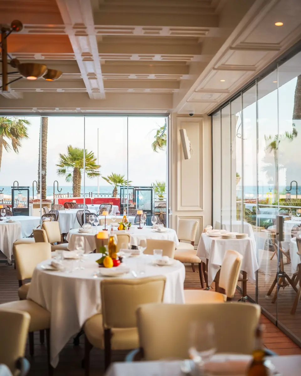 The bright white dining room with glass walls open to the terrace and palms
