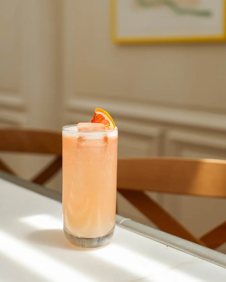 A peach-coloured cocktail with a grapefruit twist on a white table