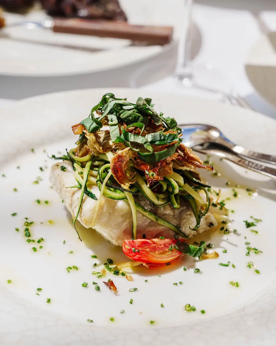 A fillet of fish topped with courgette ribbons and tomato